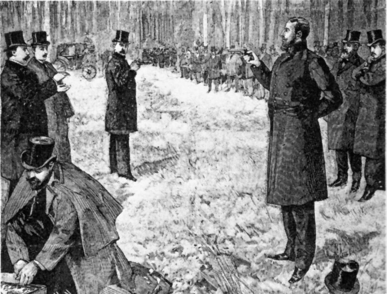 Zeitgenössische Darstellungen von Duellen finden sich meist von berühmten Personen, hier sind die französischen Politiker Georges Clemenceau und Paul Déroulède bei einem Duell am 21. Dezember 1892 zu sehen – bei den Studenten in Münster ist von deutlich weniger Publikum auszugehen. Darstellung in der Berliner Illustrierten, Wikimedia Commons.