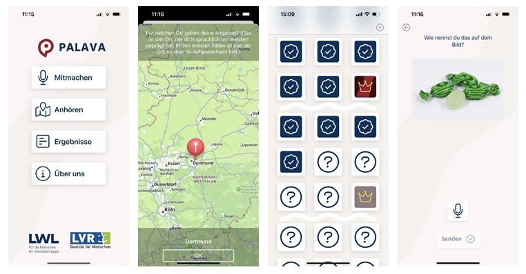 Screenshots der PALAVA-App: Startbildschirm, Angabe Herkunftsort, Aufgabenübersicht, Aufgabe Bildbenennung