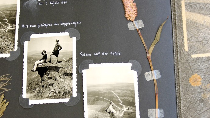 Ein Fotoalbum aus dem Jahr 1944 mit Bildern einer Reise ins Riesengebirge sowie eingeklebten Pflanzen. Archiv für Alltagskultur.