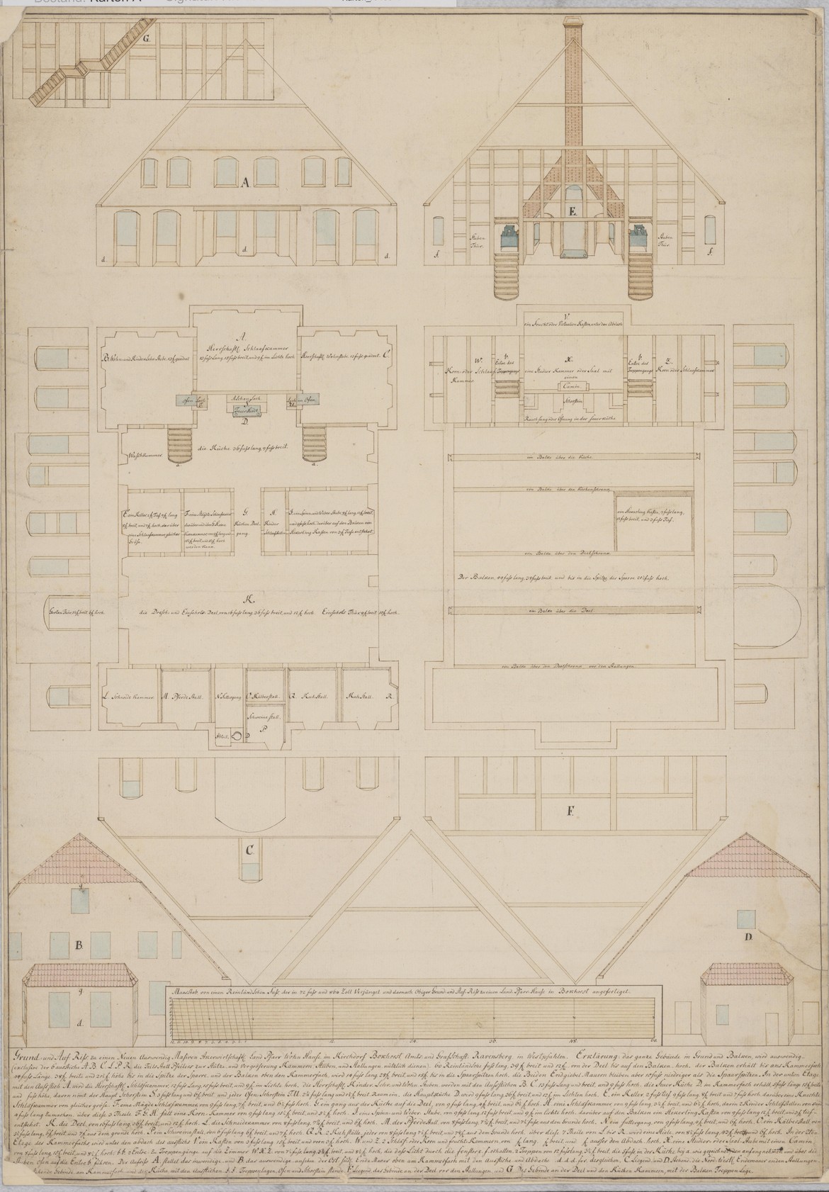 LAV NRW W, W 015, Karten A (Allgemein), Nr. 19810: Bauplan des neu zu errichtenden Pfarrhauses Bockhorst von Johann Hermann Siekendiek, 1800.