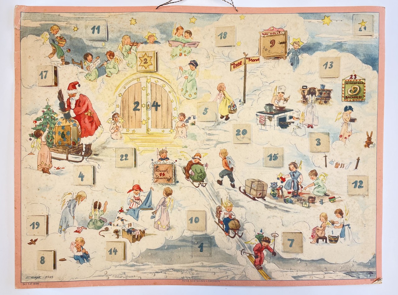 Adventskalender von 1947 aus Gütersloh, o. T [Zur Erde/Zum Mond], E. Hetzel, Peter Hartmann Verlag, Dresden (Maße: 26,0 x 35,0 cm, Papier auf Pappe), Archiv für Alltagskultur, Bestand Ortjohann.