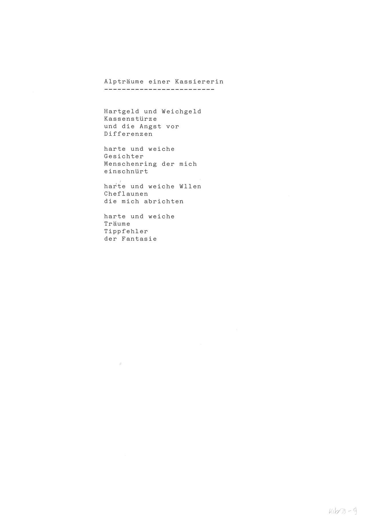 Typoskript des Gedichts „Alpträume einer Kassiererin“ (Nachlassbestand FHI, Archivalie Kib 33-9, Bildrechte ebd.)