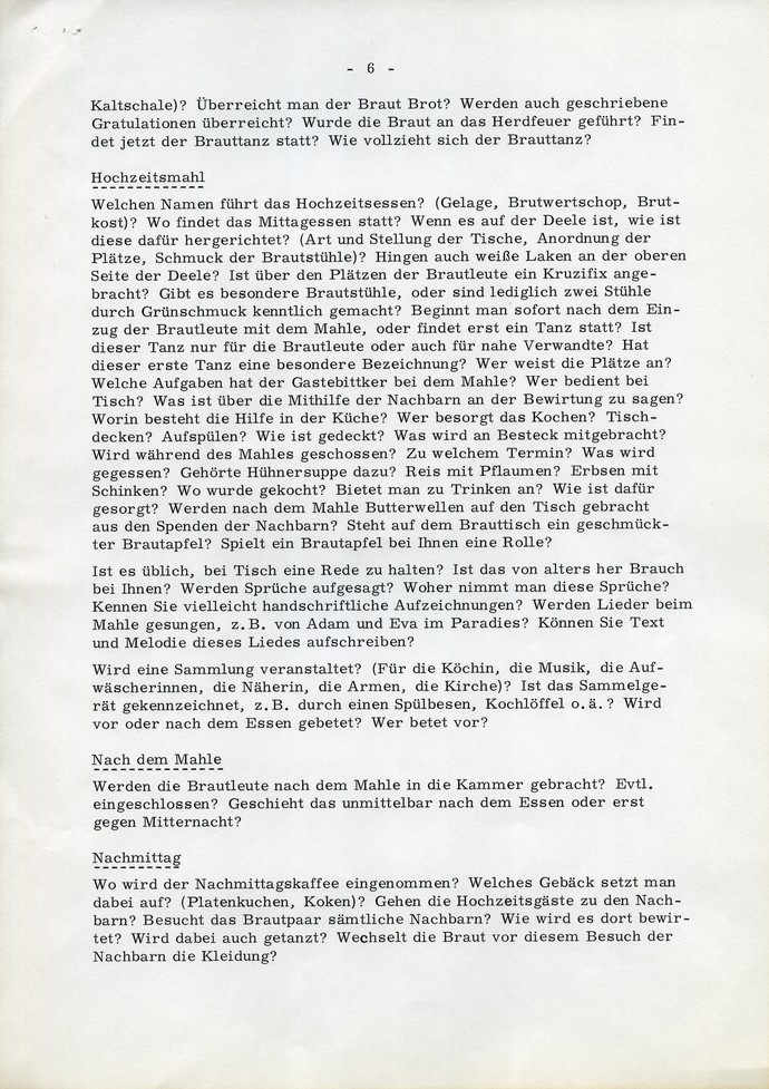 Blatt 6 der Frageliste 8 "Verlobung und Hochzeit". Archiv für Alltagskultur.