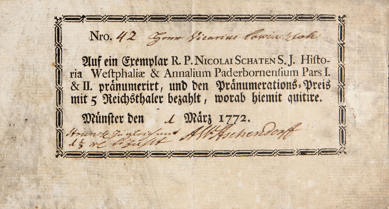 Der Pränumerationsschein von 1772 (Privatbesitz, Foto: Stadtmuseum Münster, Henrike Kelsch)