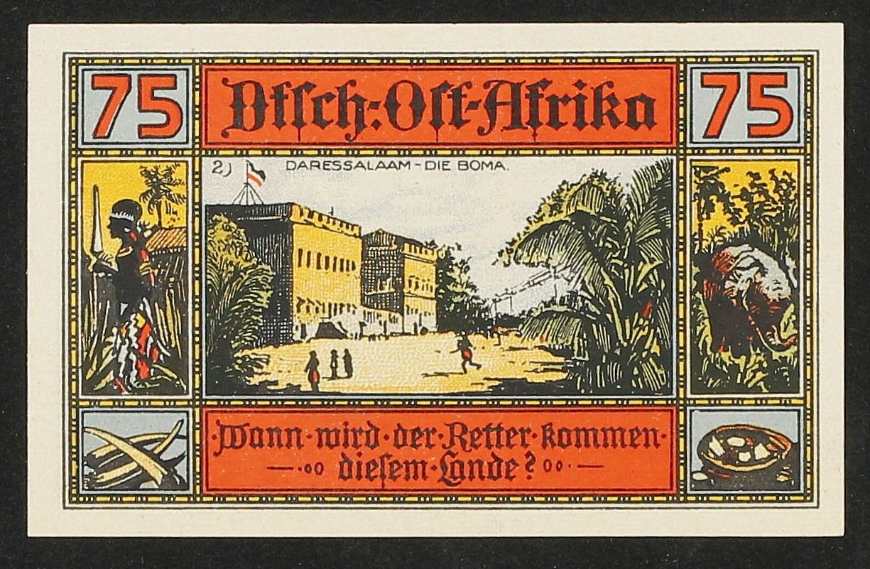 Die Frage nach dem Retter war in diesem Fall rhetorisch gemeint. Als Sinnbild der zivilisatorischen Leistung der Kolonialmacht Deutschland wird hier die Boma in Daressalam (im heutigen Tansania) ins Bild gesetzt (Foto: Kommission Alltagskulturforschung)