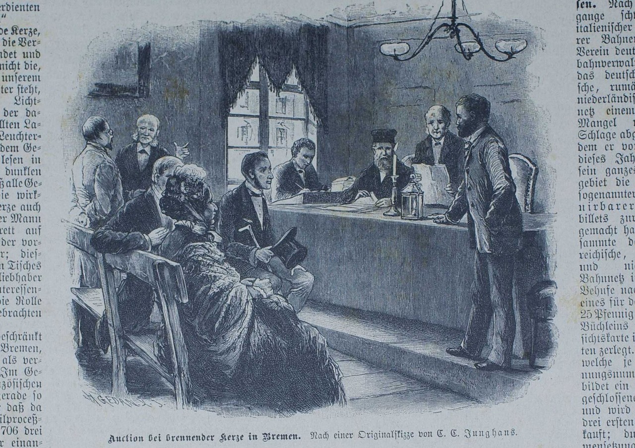 In der „Gartenlaube“ wurde 1884 das Bild „Auction bei brennender Kerze in Bremen“ von C. C. Junghans abgedruckt. Quelle: Die Gartenlaube (1884), Heft 26, S. 440.