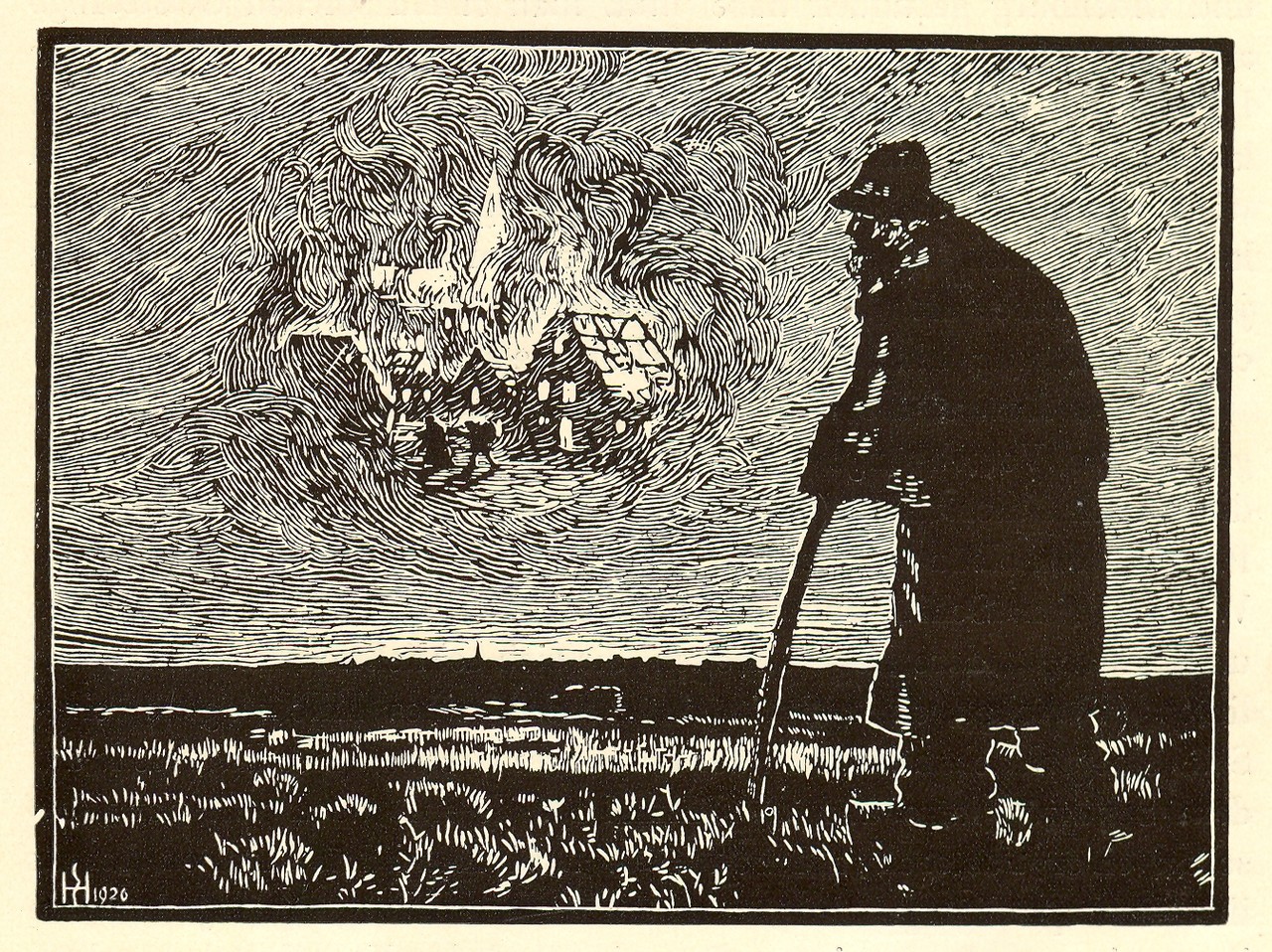 Der Spökenkieker sieht die brennende Stadt. Holzschnitt von Heinrich Everz (1926). Original im Emslandmuseum Lingen.