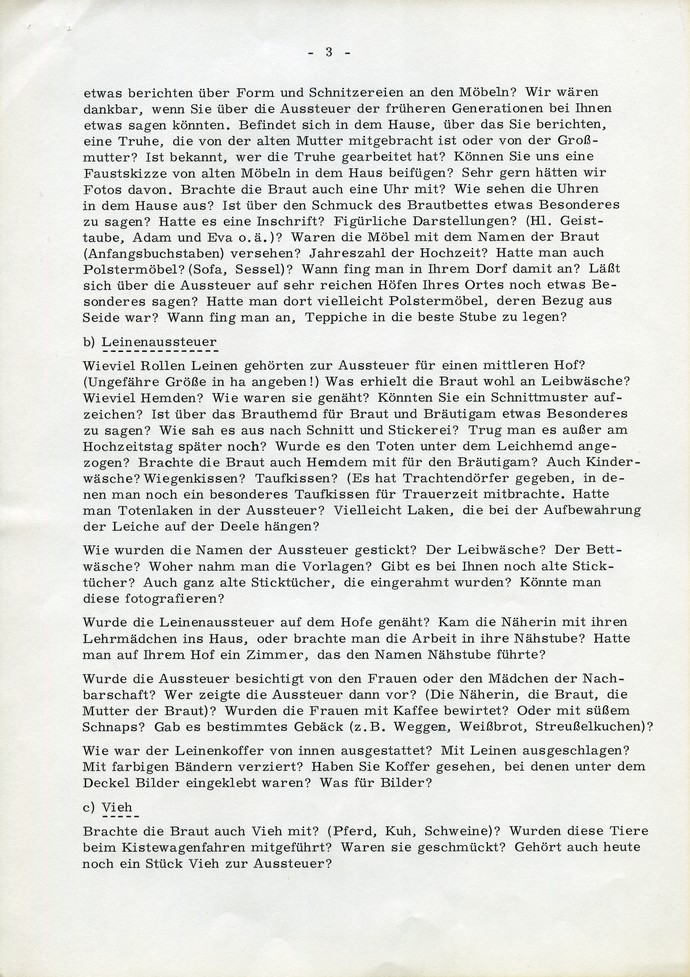 Blatt 3 der Frageliste 8 "Verlobung und Hochzeit". Archiv für Alltagskultur.