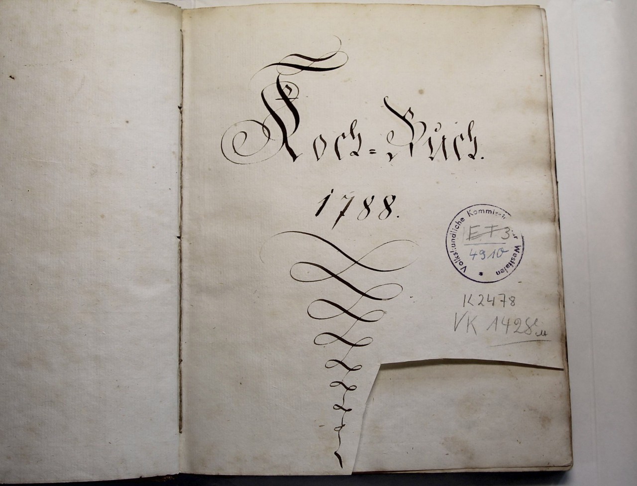 Nur durch die Angabe auf dem Titelblatt kann das Kochbuch auf 1788 datiert werden. Rechts unten wurde ein Teil der Seite herausgeschnitten, bevor das Buch in den Besitz der VoKo gekommen ist. (Foto: Dorothee Jahnke)