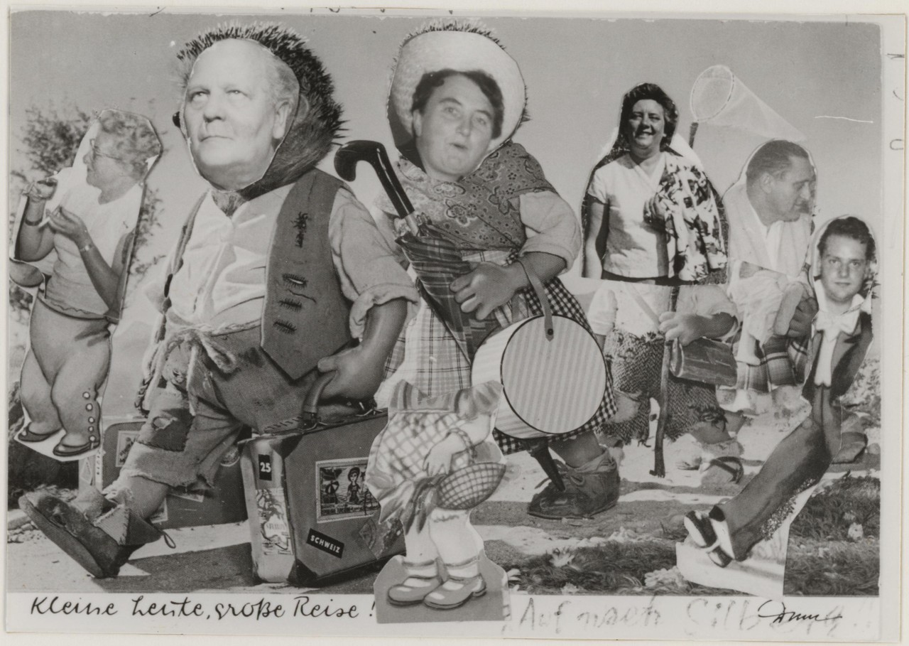 Ähnlich wie die humoristischen Fotomontagen der 1920er Jahren funktioniert diese Bildkomposition, die 1966 in das Gästebuch einer sauerländischen Pension eingeklebt wurde. (Foto: Alltagskulturarchiv, Sign. 1989.01326)