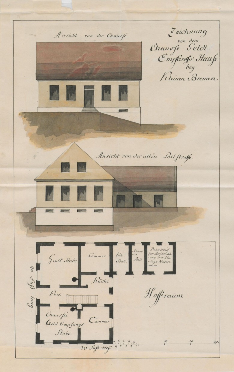 „Zeichnung von dem Chausse Geldt Empfangs Hause bey Kleinenbremen“, Zeichnung des Landbaumeisters Funck, 1803 (LAV NRW W, W 051/Karten A (Allgemein), Nr. 20256).