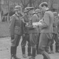 Mehrere Soldaten stehen in einer Reihe, dem vordersten wird ein Orden verliehen. (vergrößerte Bildansicht wird geöffnet)